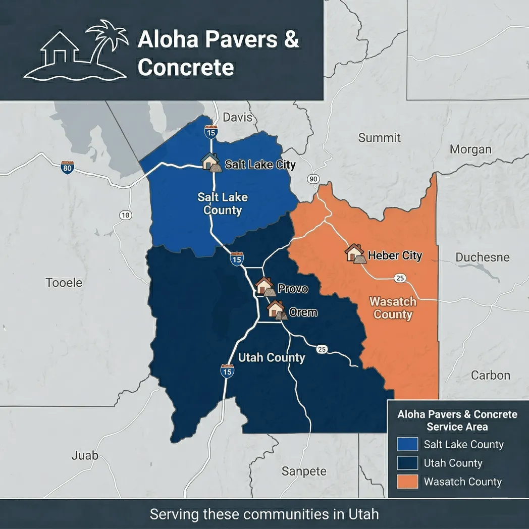 Service area map for Aloha Pavers & Concrete covering Utah, Salt Lake, and Wasatch Counties